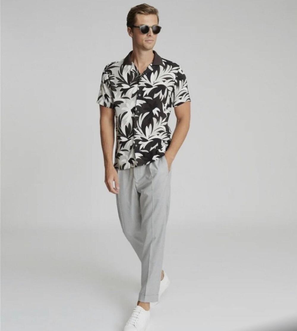 Reiss Men’s Harding Printed Cuban Collar Shirt Size M Black/Gray